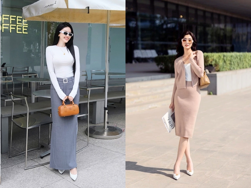 Chân váy len dài mặc với áo gì