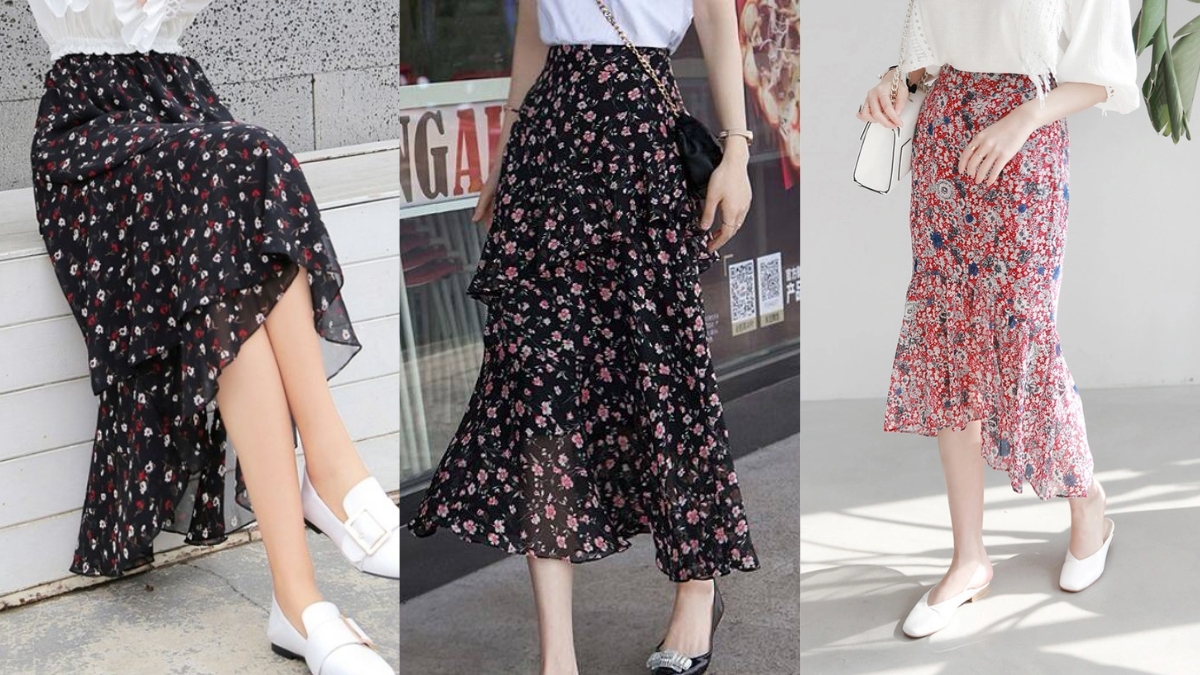 Chân váy hoa nhí dáng dài phối với áo gì