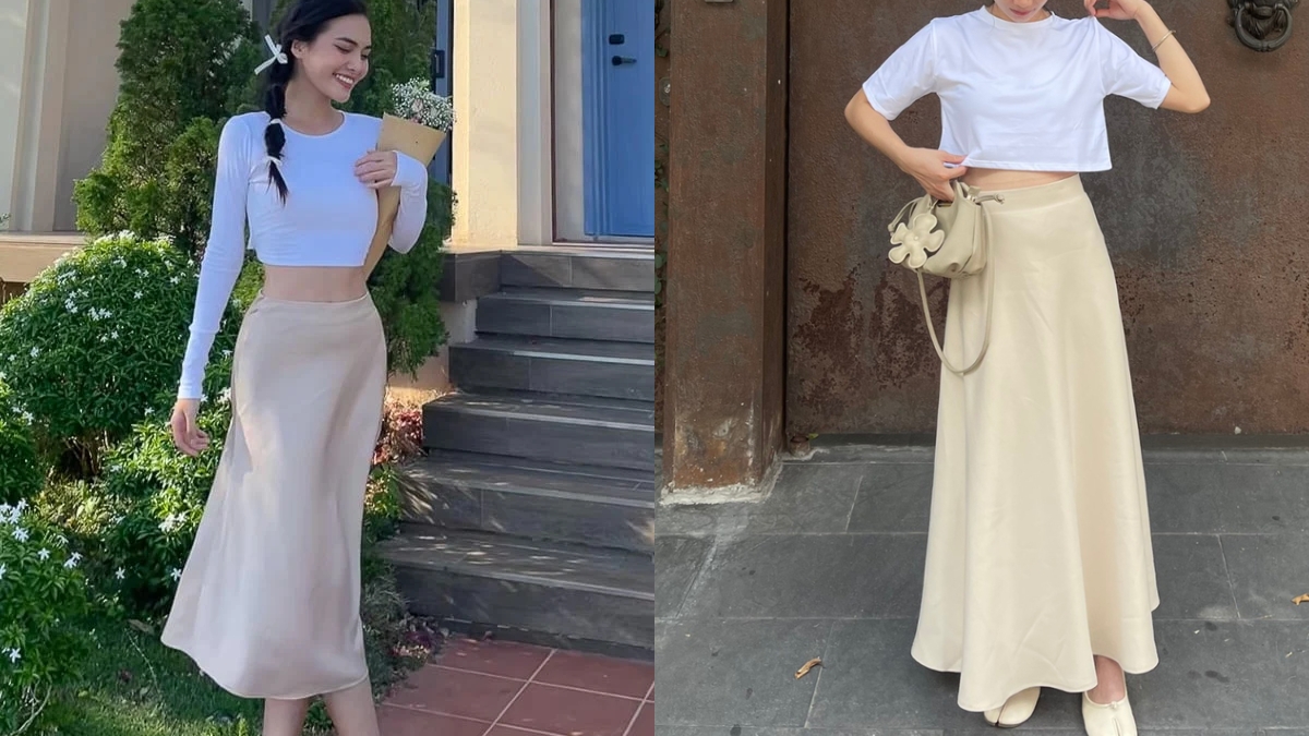 Cách phối đồ với chân váy lụa satin và áo thun
