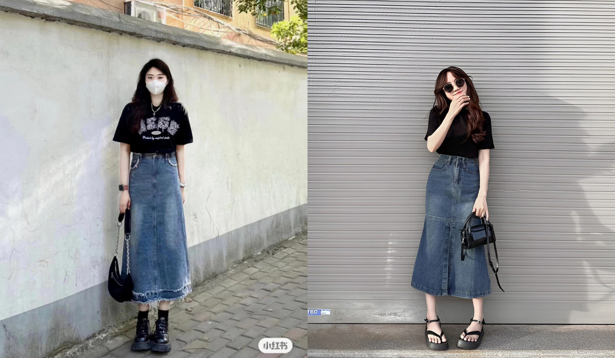 Mix đồ với chân váy jean dài