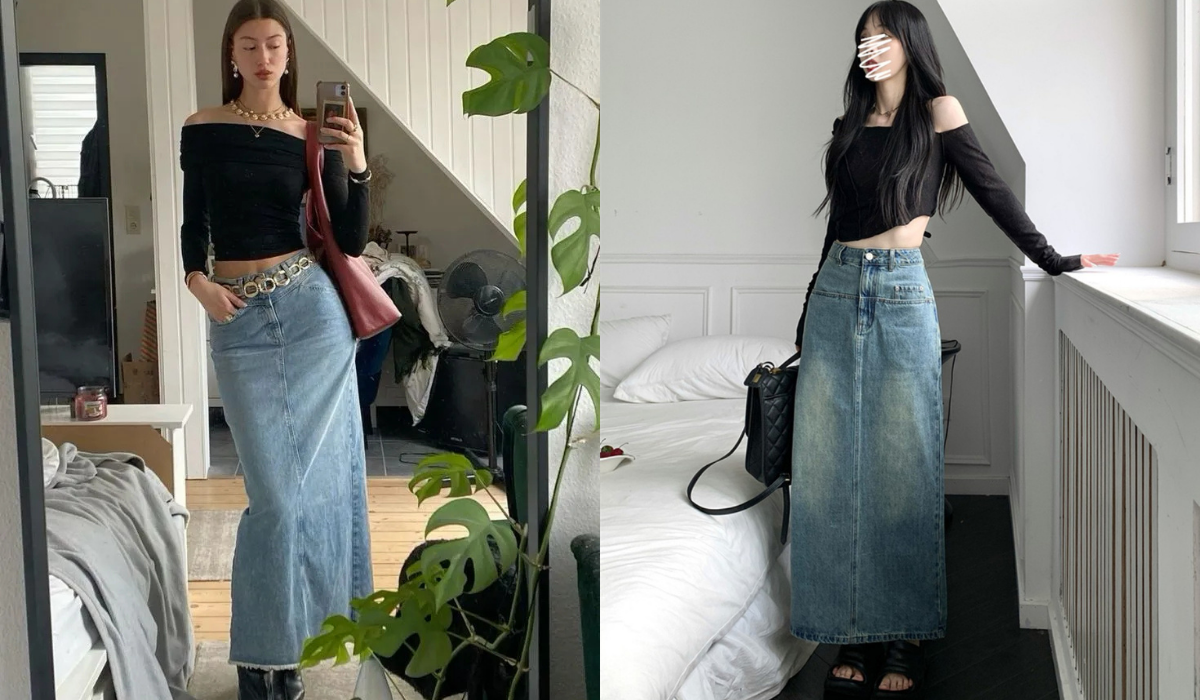 Cách phối đồ với chân váy jean dài xẻ tà