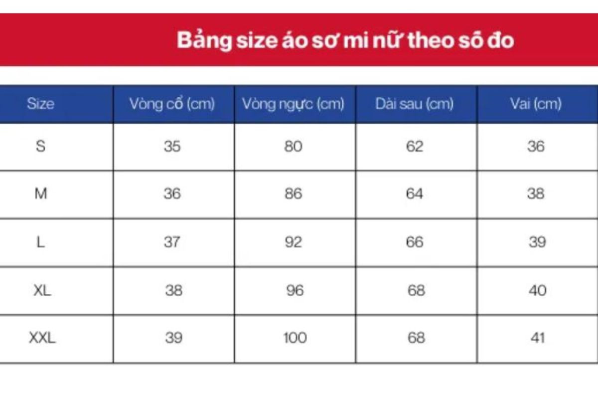 Bảng Size Áo Sơ Mi Nữ Và Cách Chọn Size Chuẩn Nhất 7 Bảng size áo sơ mi nữ size XL