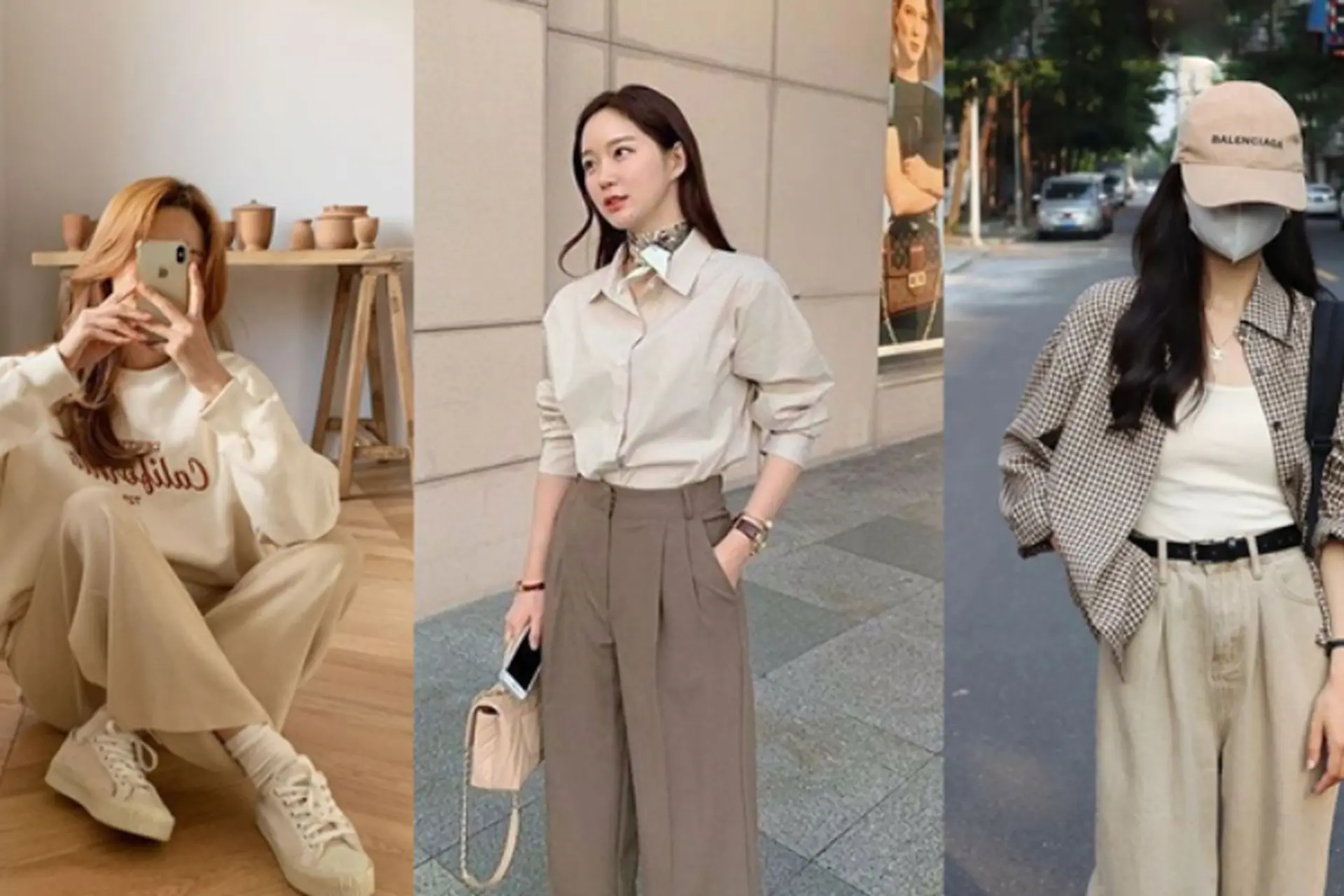 Áo màu kem phối quần màu nâu