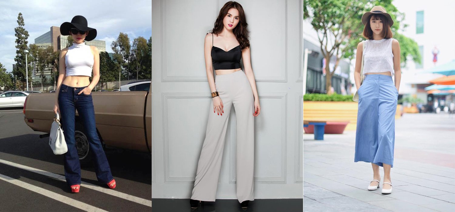 Phối đồ với áo lửng trễ vai và quần ống rộng