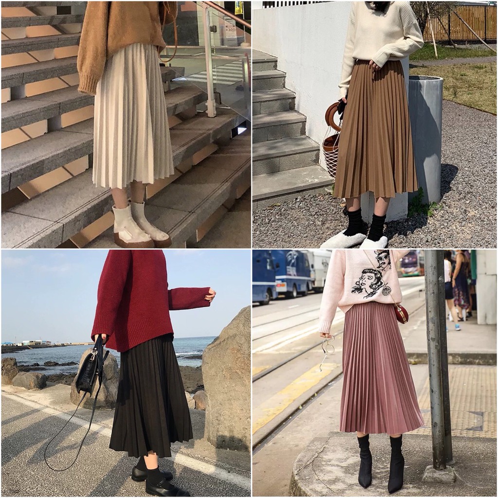 Phối đồ với chân váy xếp ly dài và áo thun