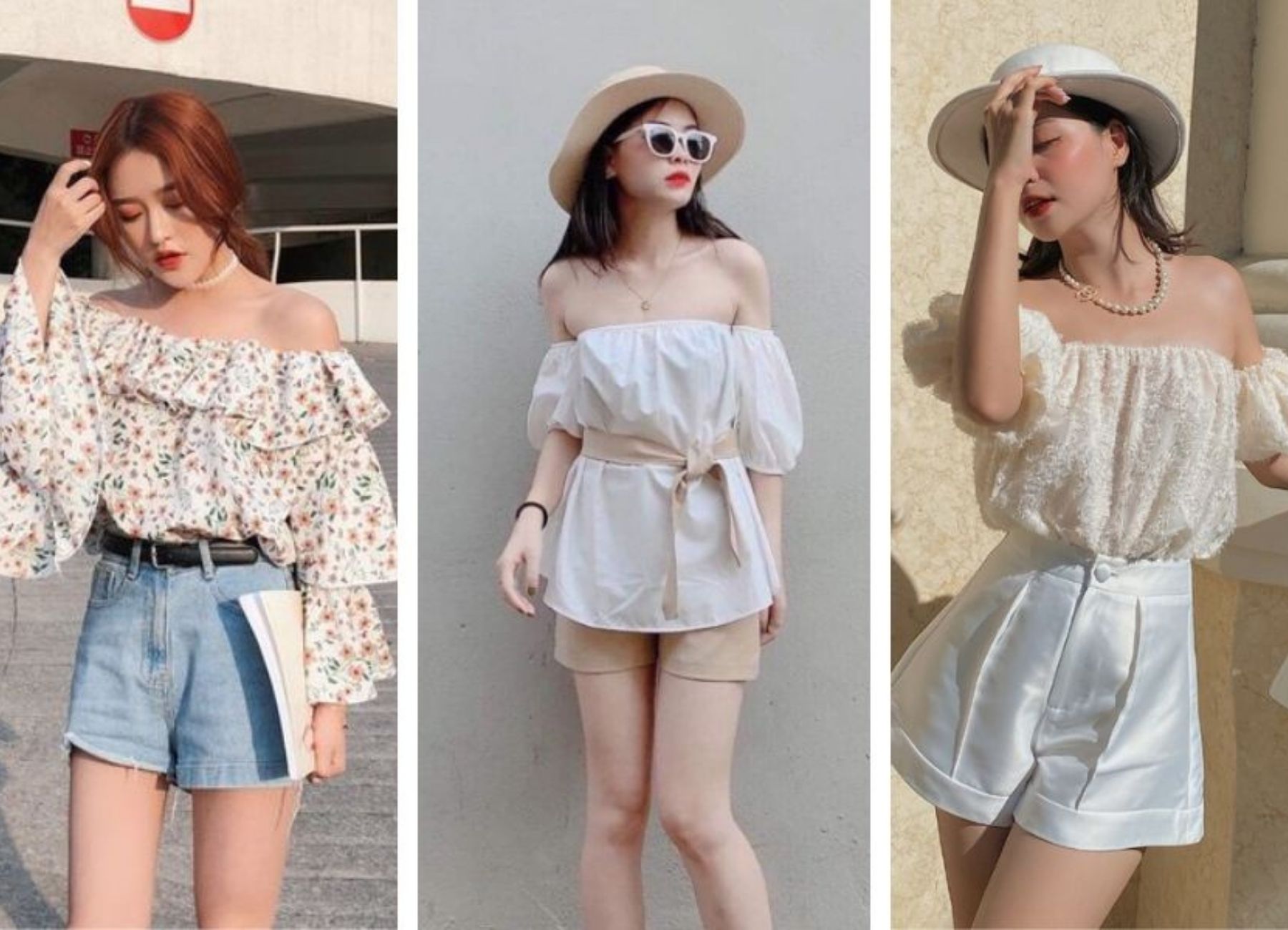 Áo trễ vai mặc với chân váy dài