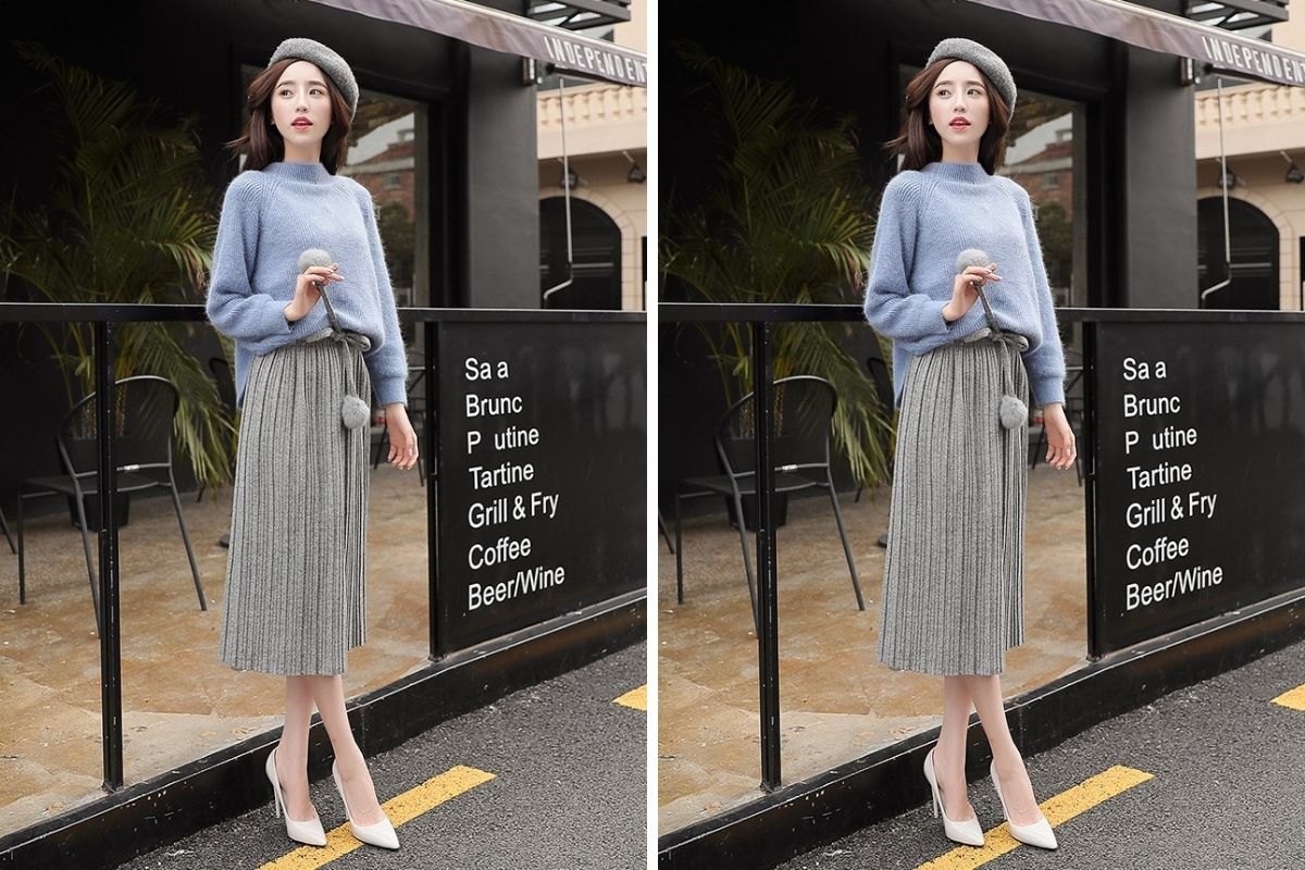 Cách phối đồ với chân váy xếp ly dài đi làm