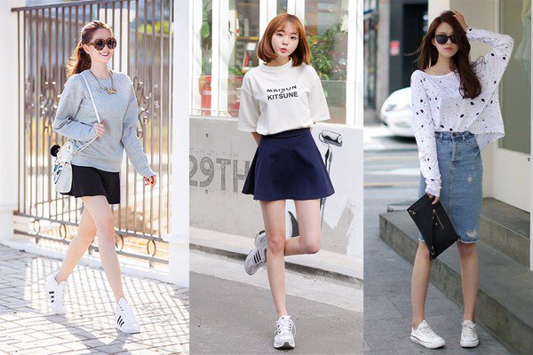 15+ Cách Phối Đồ Với Giày Thể Thao Trắng Nữ Sành Điệu 5 Mix đồ với chân váy và sneaker
