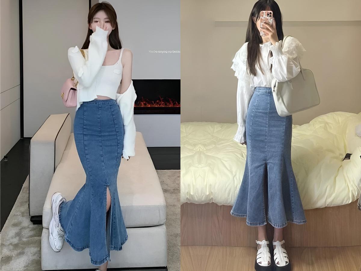 Chân váy đuôi cá phối với áo len