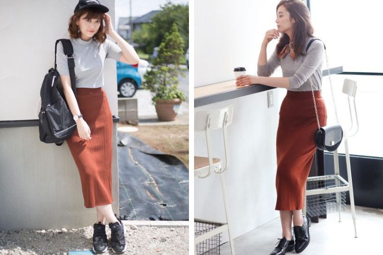 Chân váy len ôm mặc với áo gì