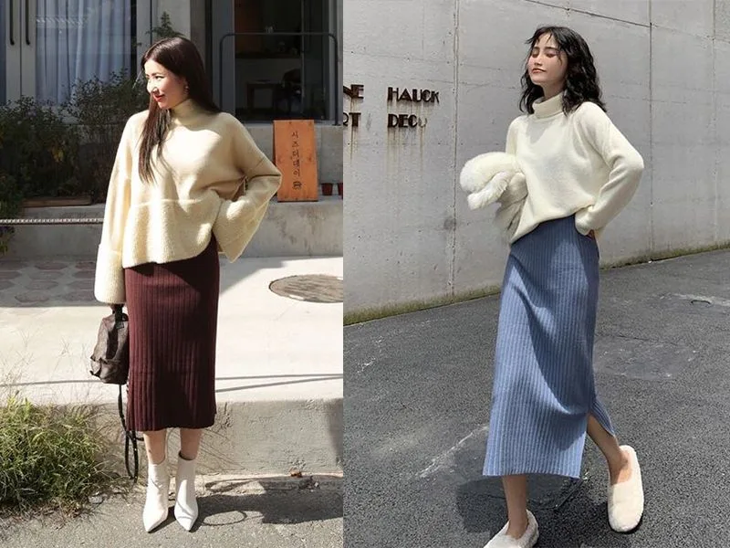 Chân váy len dài phối với áo gì