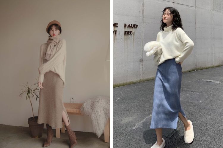 Phối đồ với chân váy len ôm xẻ tà
