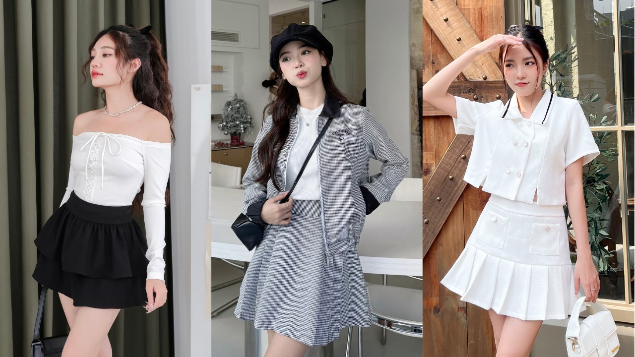 Phối đồ với chân váy xoè ngắn và áo trễ vai