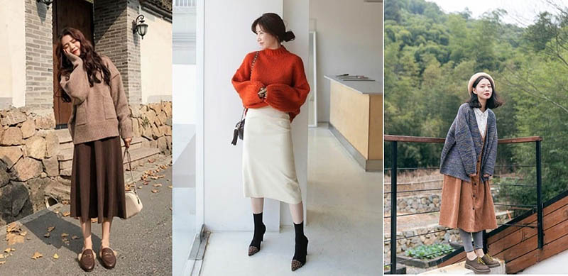 Phối áo len với chân váy dài