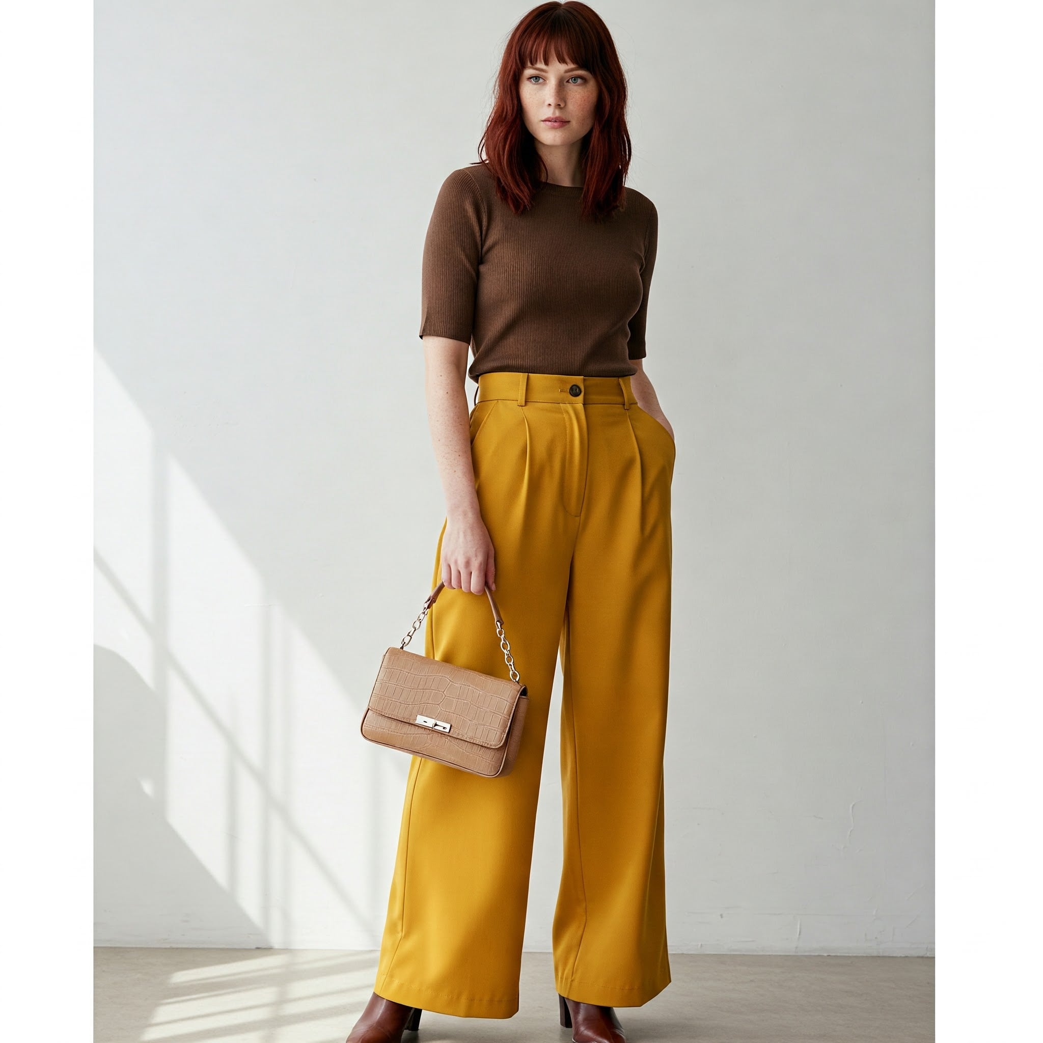 áo nâu mặc với quần caro