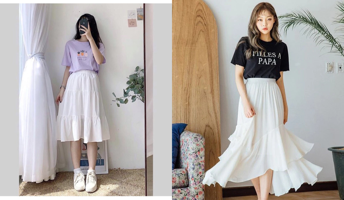 Chân Váy Tầng Dài Phối Áo Gì? 10+ Gợi Ý Hack Dáng 2 Chân váy tầng dài phối áo thun