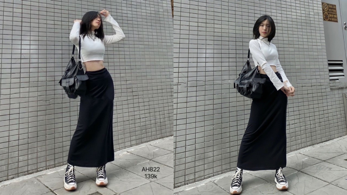 Chân váy lụa satin mặc với áo len mỏng