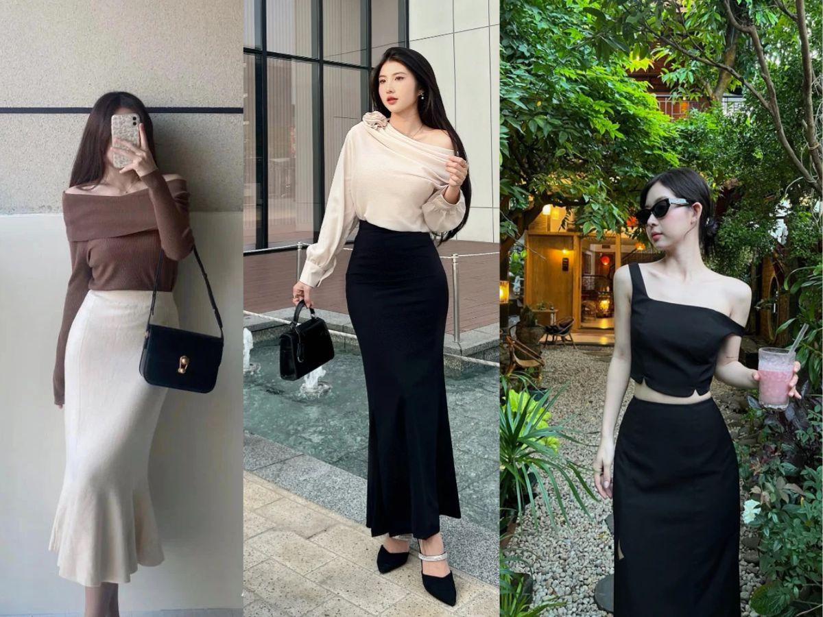Phối đồ với chân váy len ôm dài