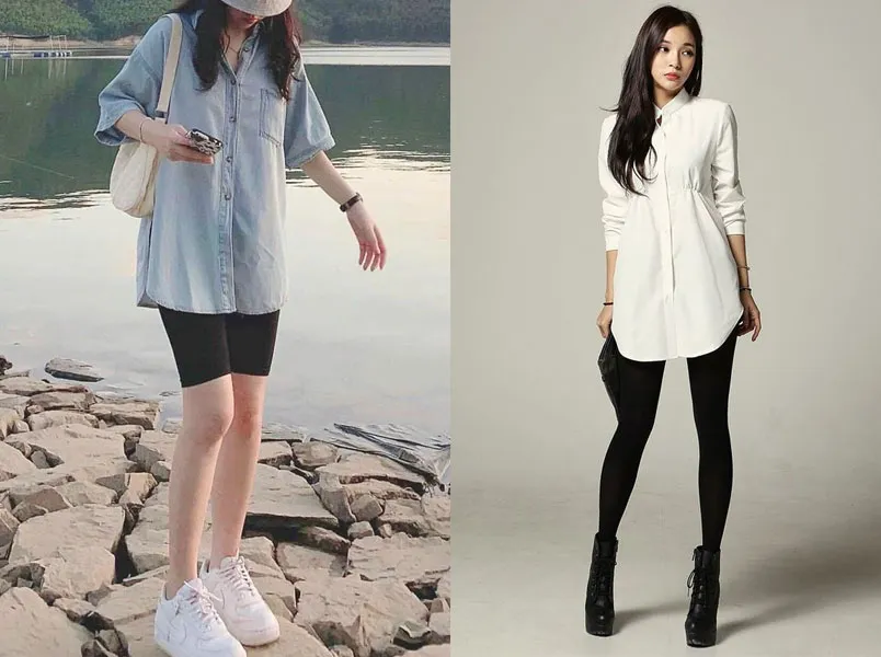 Quần legging phối áo sơ mi form rộng màu hồng