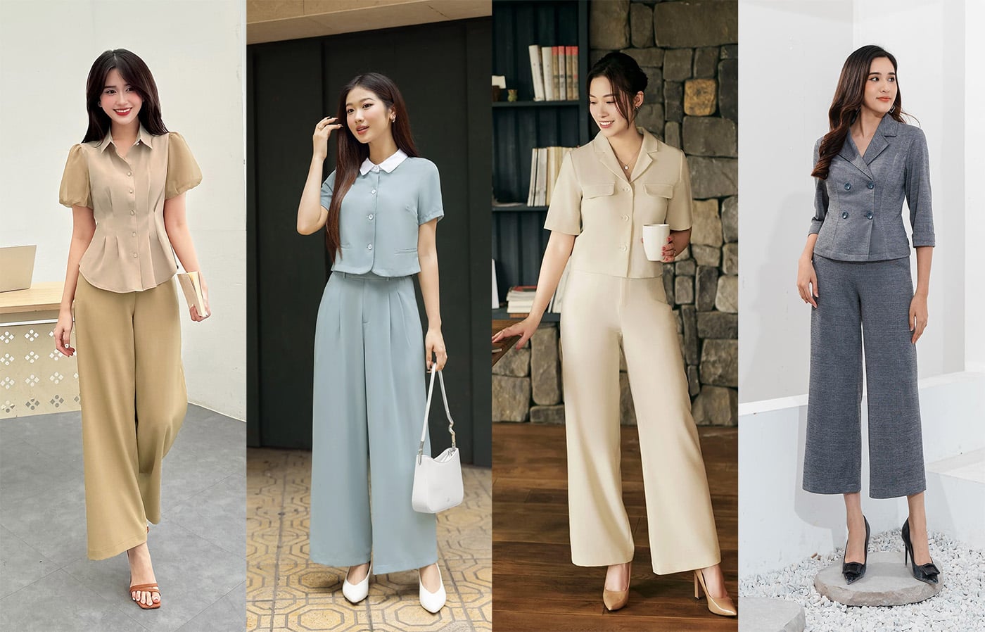 Cách phối áo lửng mặc với quần ống rộng thanh lịch