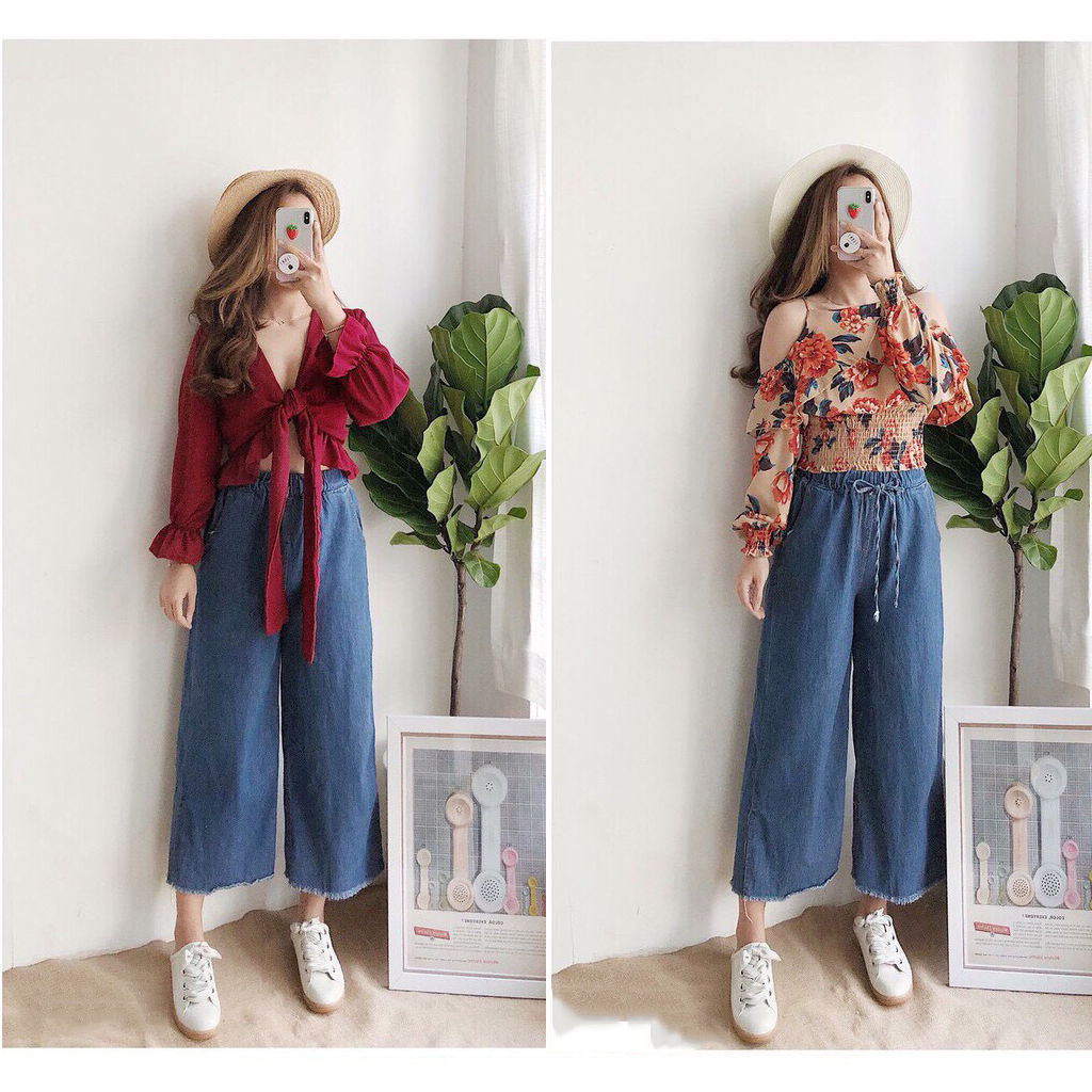 Quần jean lửng ống rộng mặc với áo gì