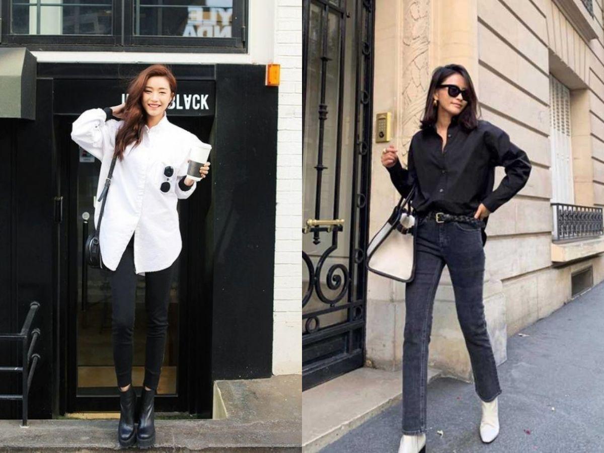 Quần legging phối áo sơ mi oversize trắng