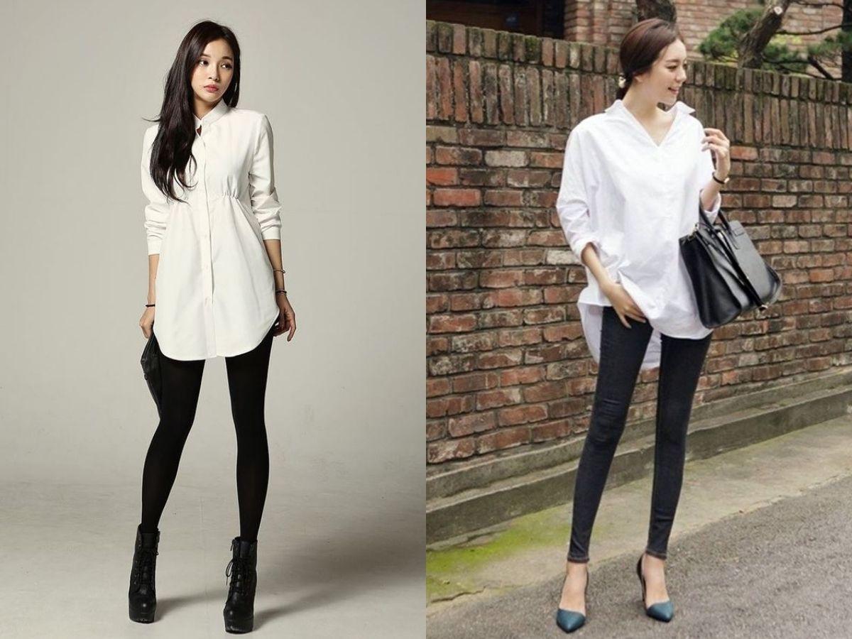 Phối đồ layer với quần legging và áo sơ mi