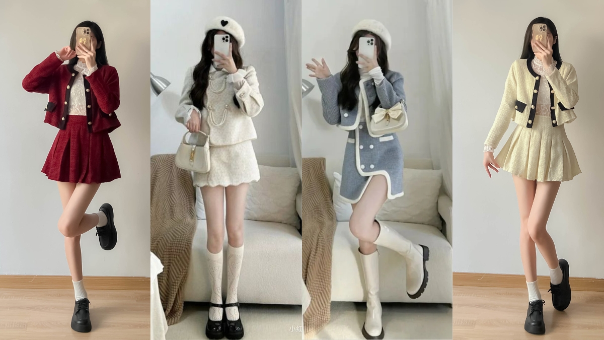 Mix áo dạ tweed dáng ngắn màu hồng