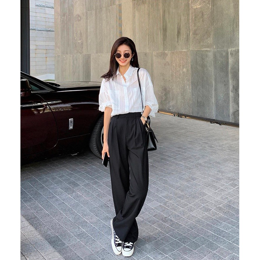 Cách phối áo peplum với quần ống rộng