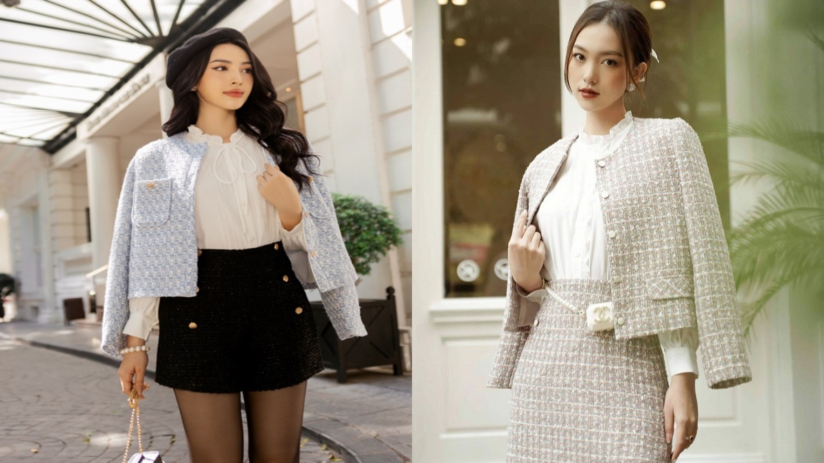 Mix áo dạ tweed dáng ngắn đi tiệc
