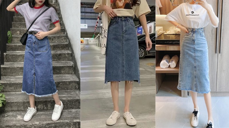 Chân váy jean dài đi boots