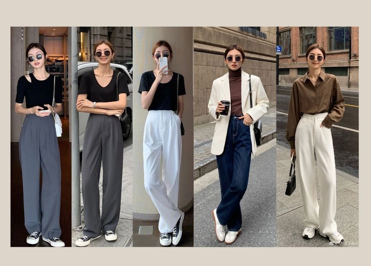 Phối quần ống rộng với áo phông