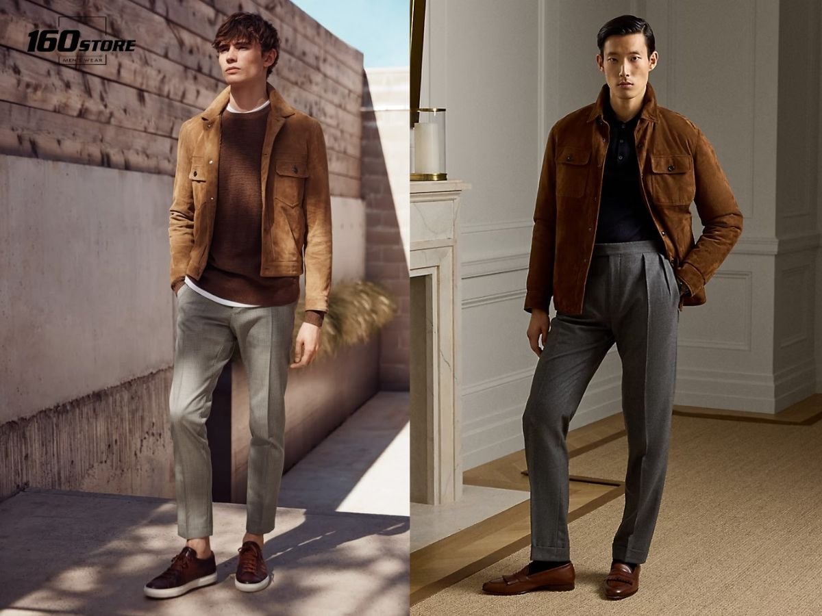 Áo màu nâu phối với quần màu xám