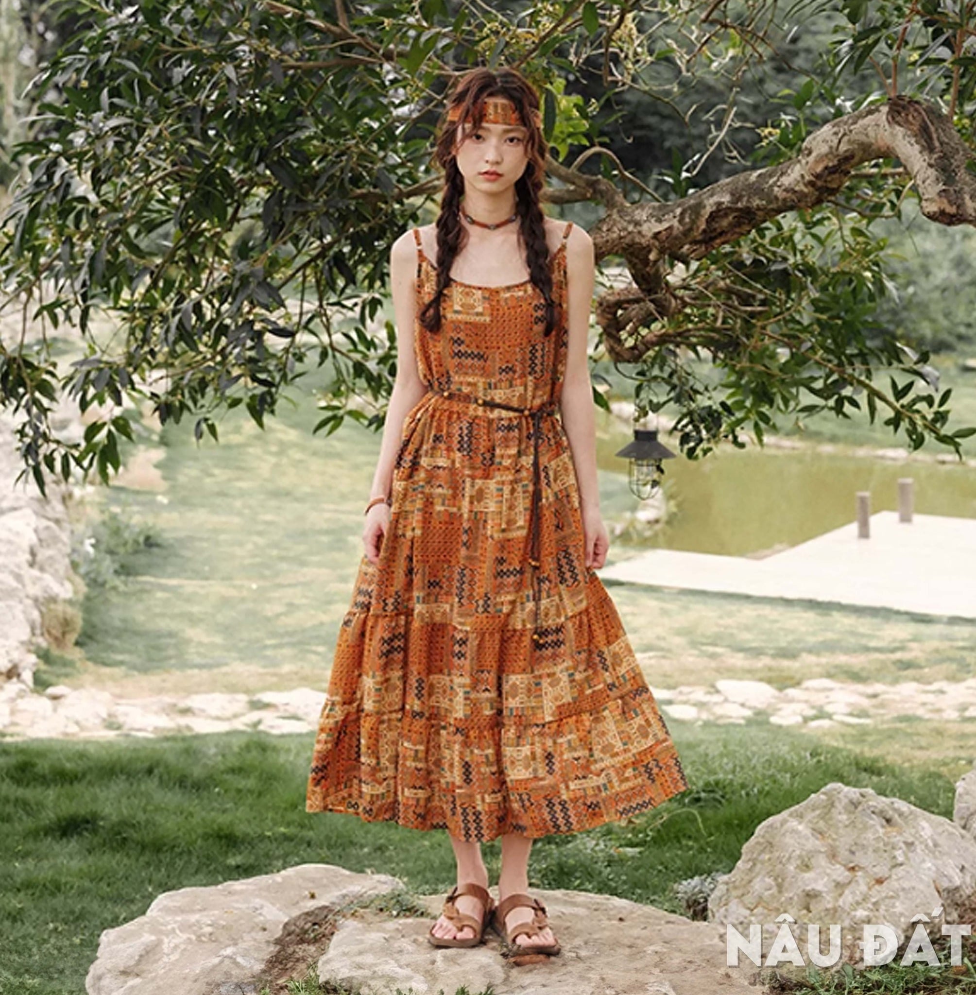 Váy maxi nâu đất bohemian