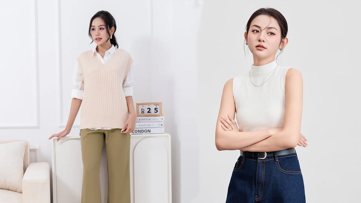 Cách phối áo gile với quần jean ống rộng