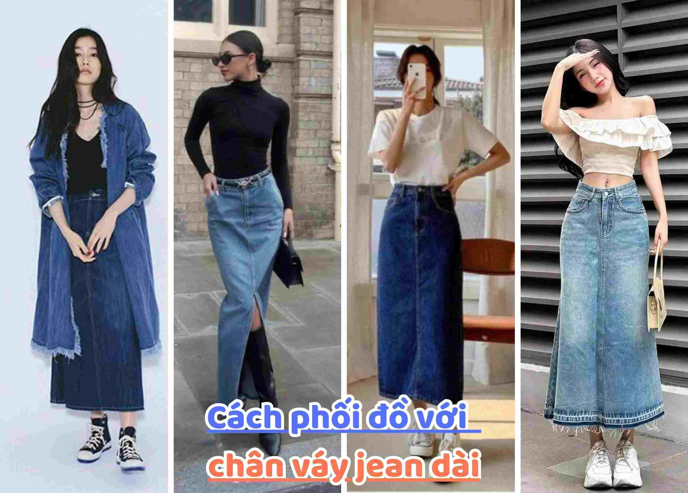 Phối đồ với chân váy bò dài và áo thun