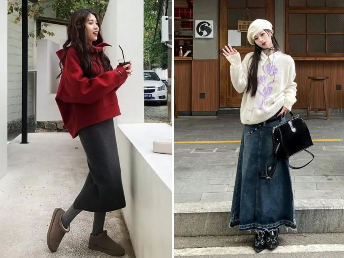 cách phối đồ với chân váy xòe dài mùa đông