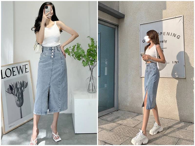 Chân váy jean dài qua gối mặc với áo gì cho mùa hè