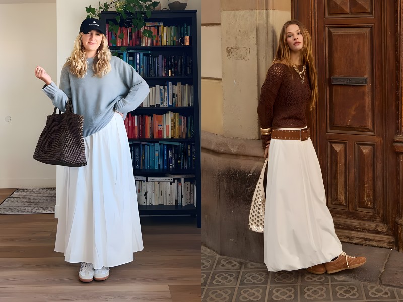 Mix đồ với chân váy trắng dài và áo sweater
