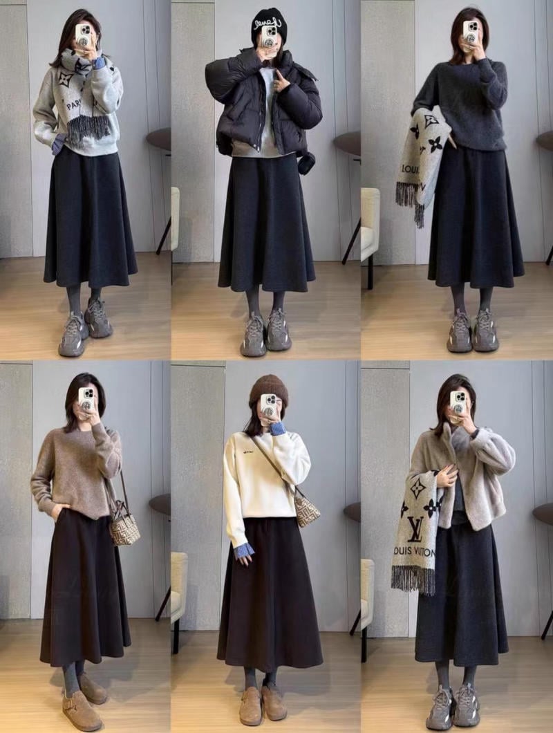 cách phối đồ với chân váy xòe dài mùa đông