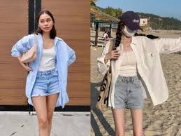 Bí quyết phối áo sơ mi với quần short nữ cực sành điệu 1 Phối áo sơ mi trắng với quần short jean nữ năng động.