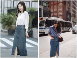 Cách mặc chân váy jean dài