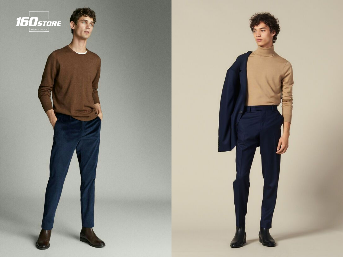 Áo nâu phối với quần màu xanh navy