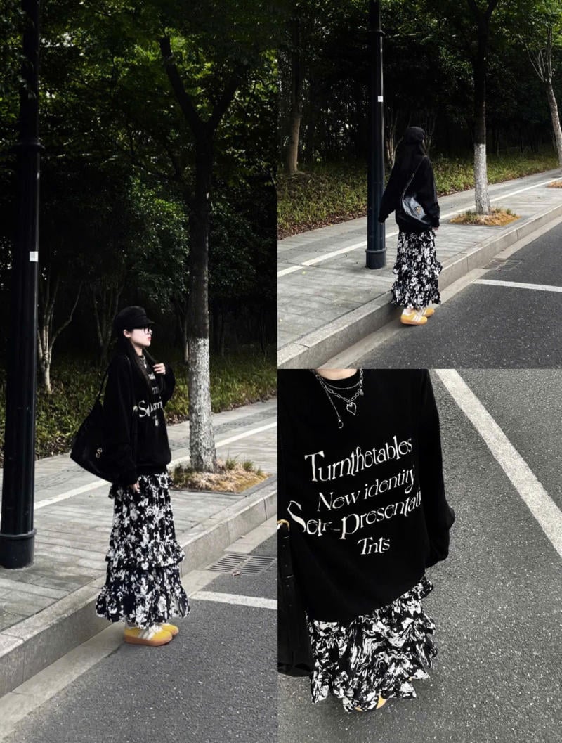 Áo hoodie phối chân váy dài hoa