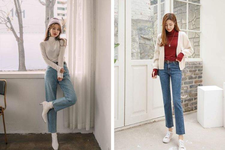 15+ cách phối đồ với áo len cổ lọ nữ sành điệu 2 Áo len cổ lọ mặc với quần jean skinny