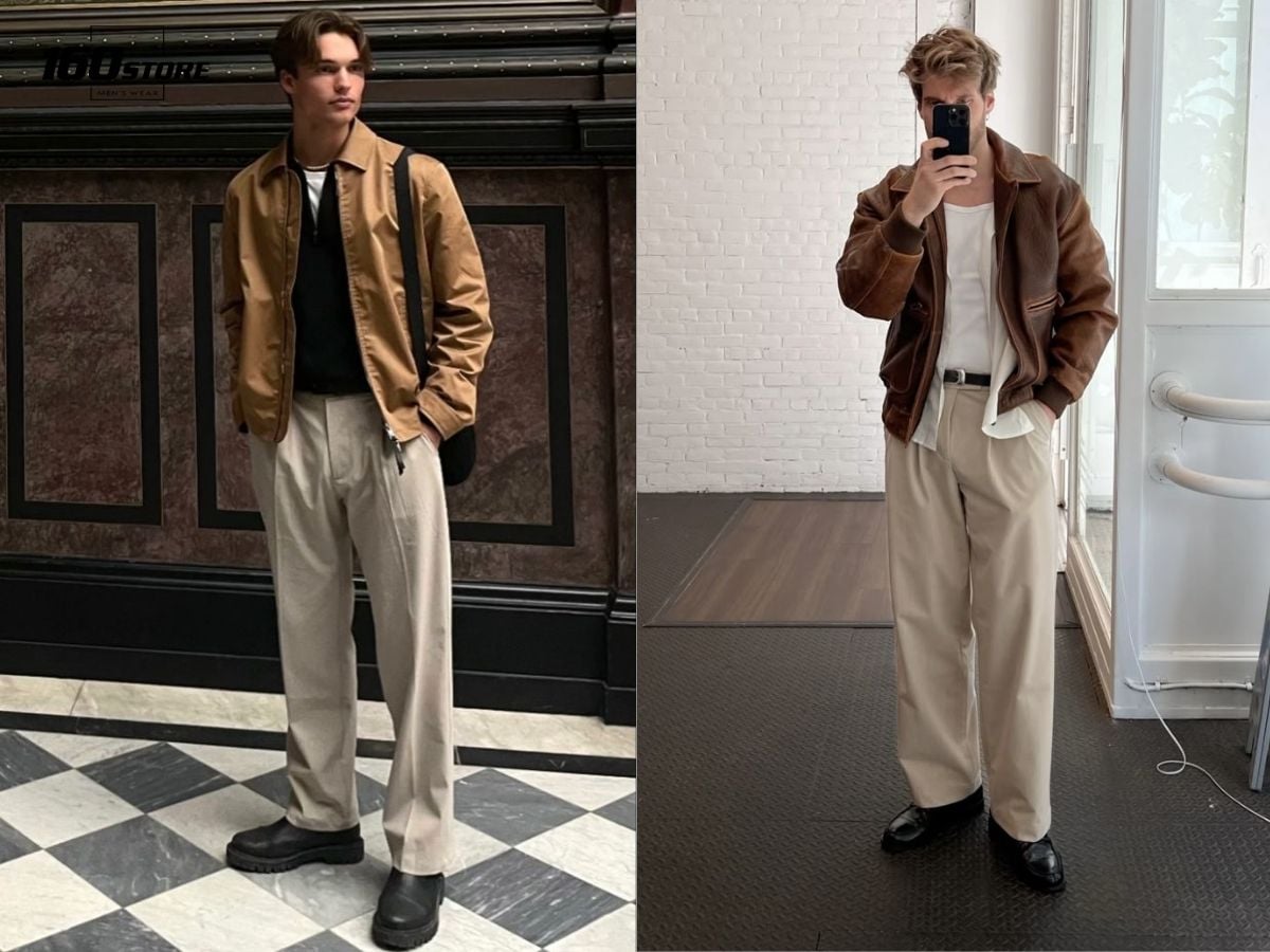 Phối đồ với áo nâu và quần màu be