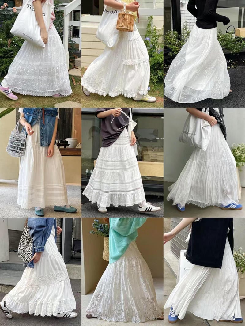 Phối đồ công sở với chân váy xòe dài trắng