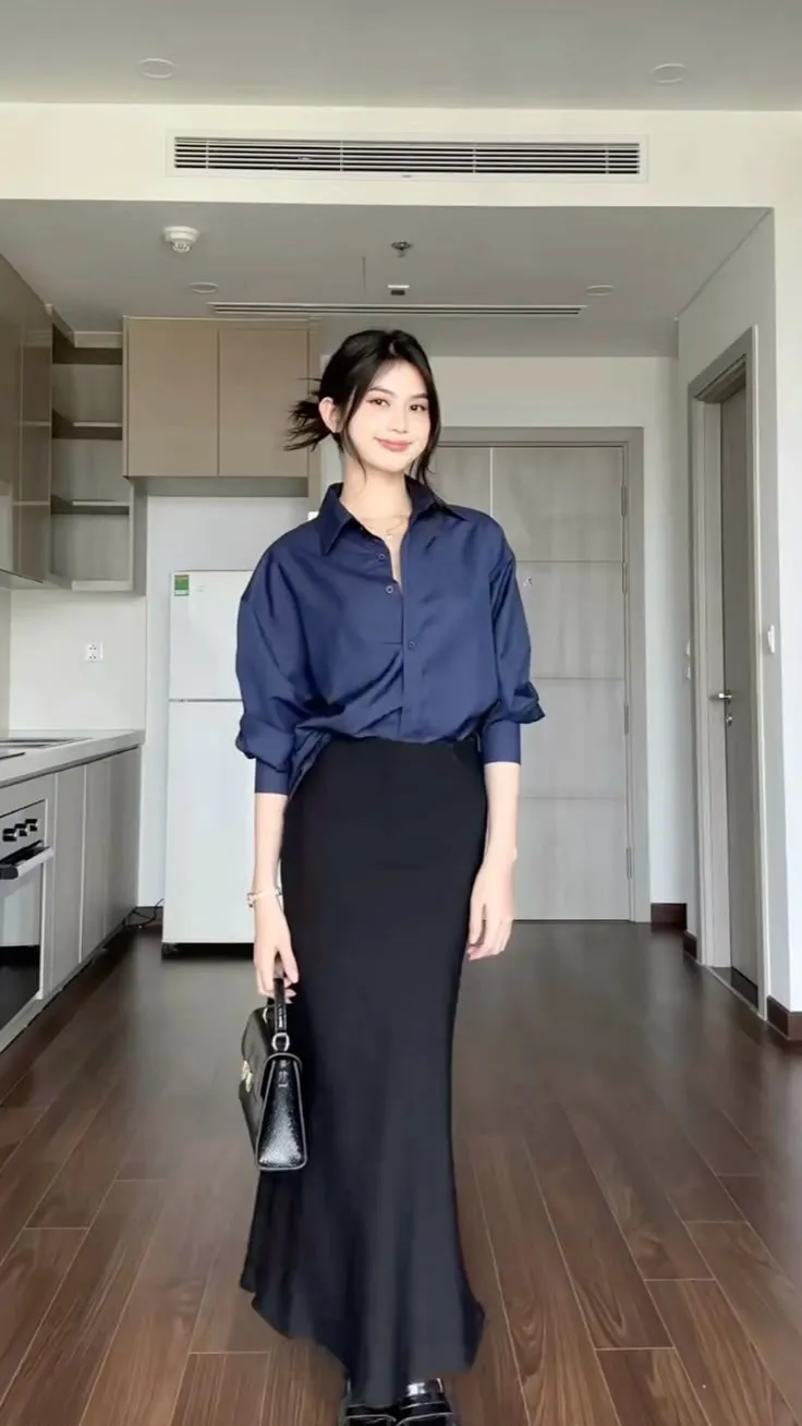 Chân váy đuôi cá dài mặc với áo sơ mi