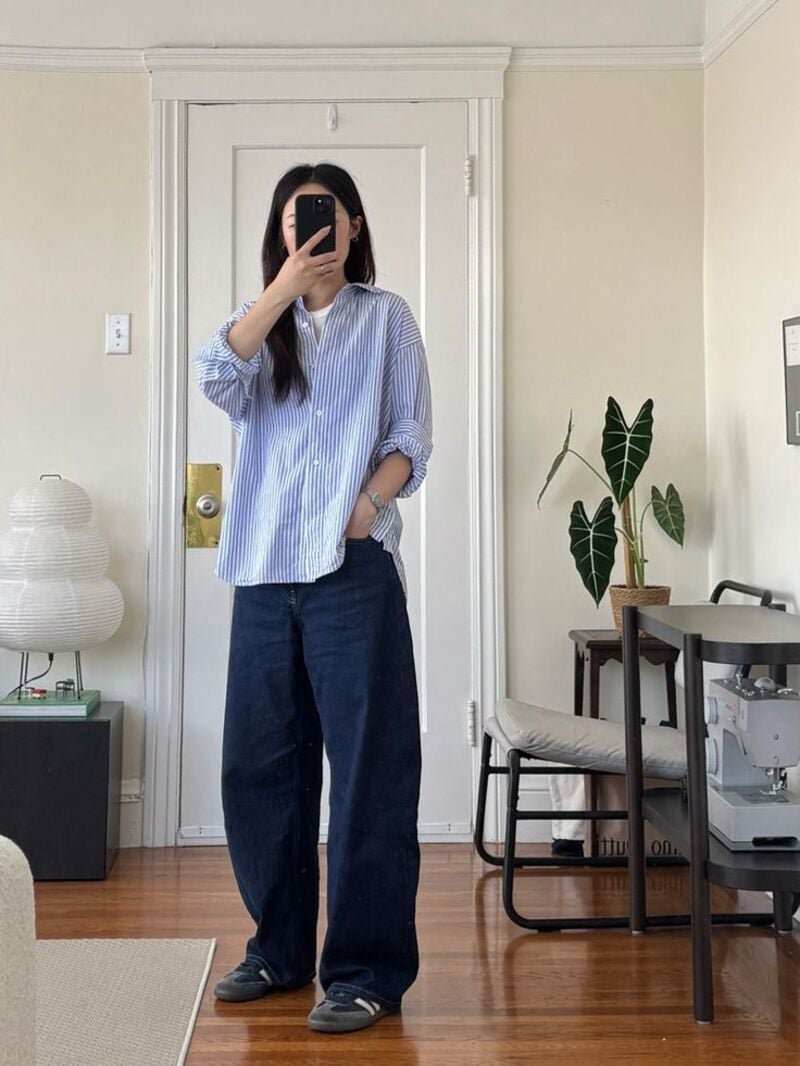 15+ Cách Phối Đồ Với Áo Sơ Mi Xanh Dương Nữ Sành Điệu 3 Áo sơ mi mặc với quần ống rộng