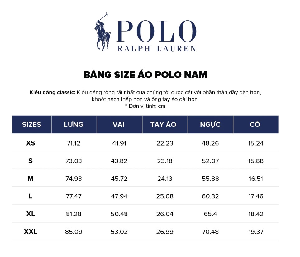 size áo polo classic fit